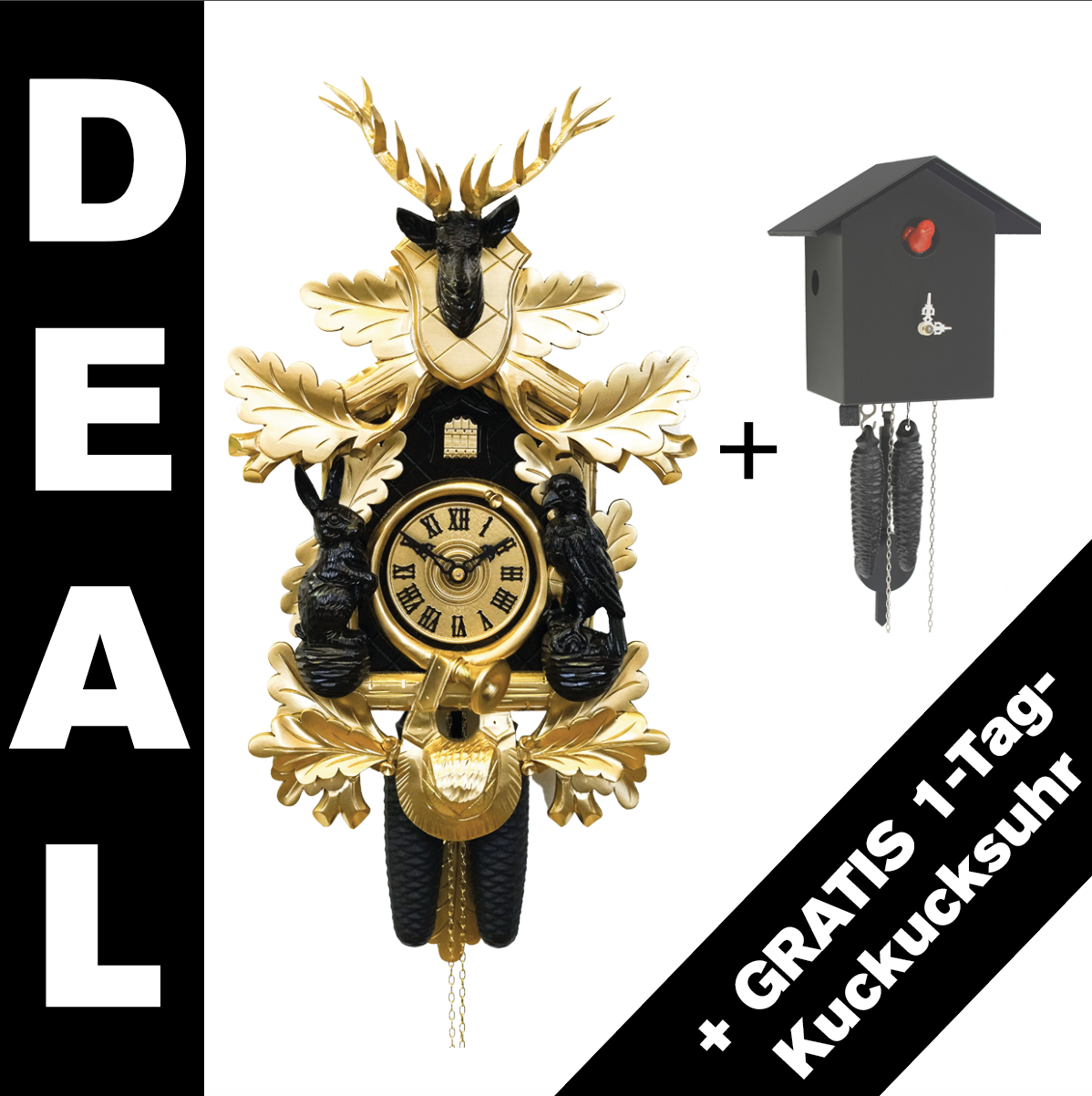 COLORED - Design Kuckucksuhr (gold/schwarz) mit GRATIS Kuckucksuhr Rombach & Haas 