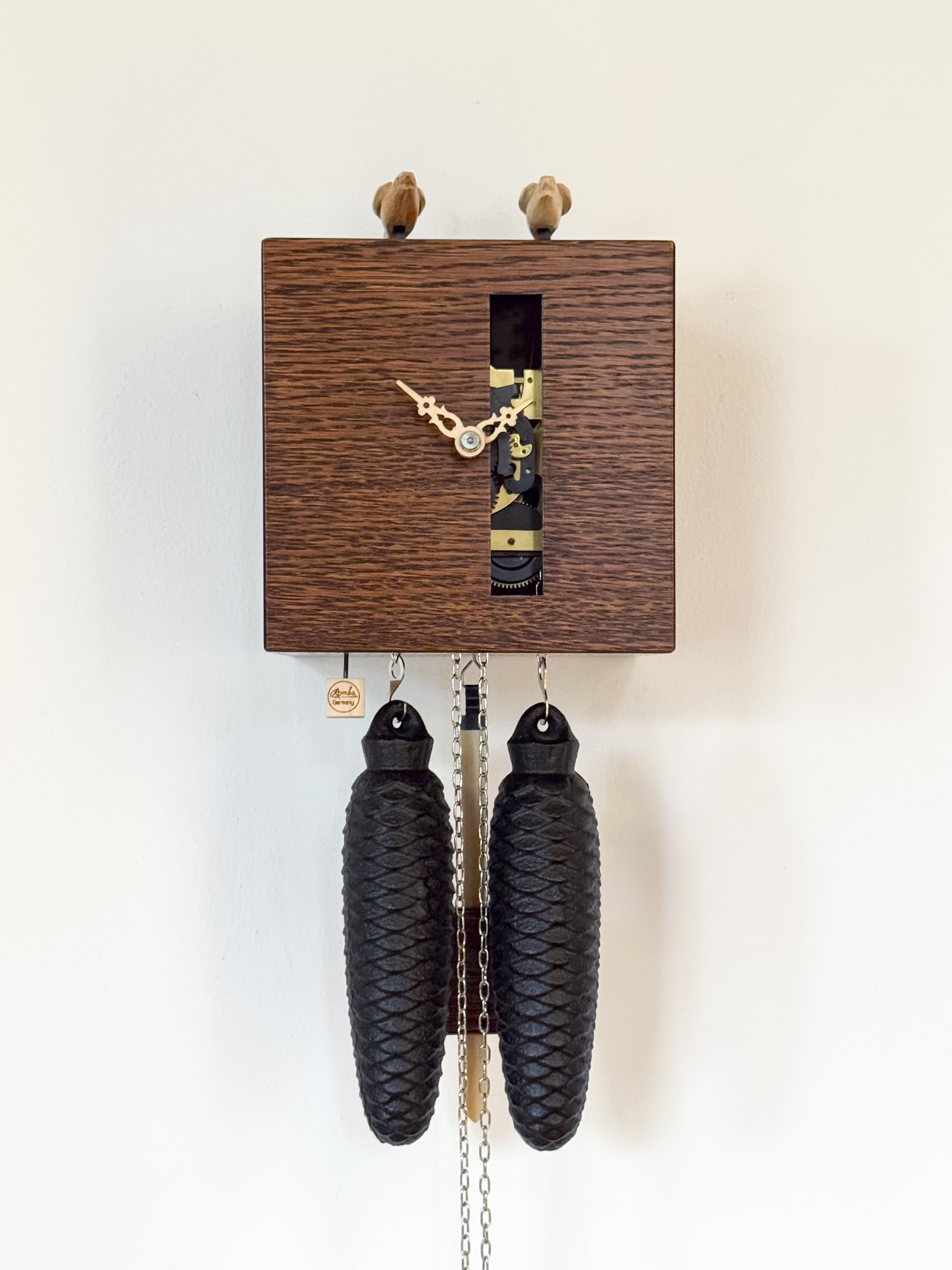 DUETT - Design Kuckucksuhr (braun / Einblick in die Mechanik) Rombach & Haas